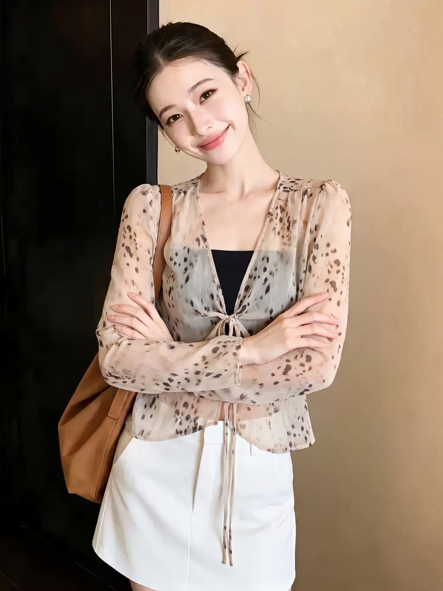 있음 가슴 패드 순수한 여름 마이크로 ~을 통해 레오파드 무늬 V넥 레이스업 쉬폰 셔츠 이슬 뼈의 캐미솔 투피스 세트 상세 이미지 6