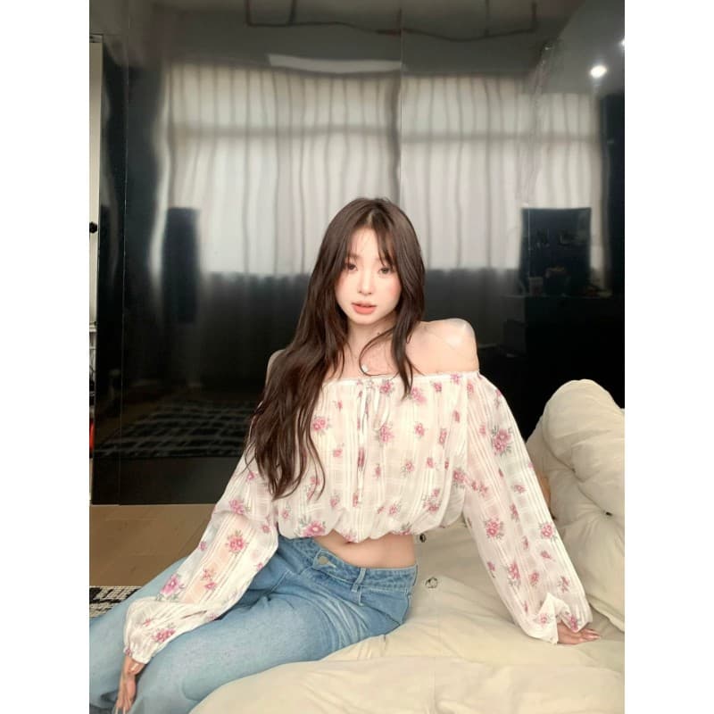 현대 그리드 프린트 낭만주의 바람 펌프 로프 오프숄더 꽃무늬 긴팔 맨위 여성 여름 오프숄더 쇼트 스타일 맨위 이미지 5