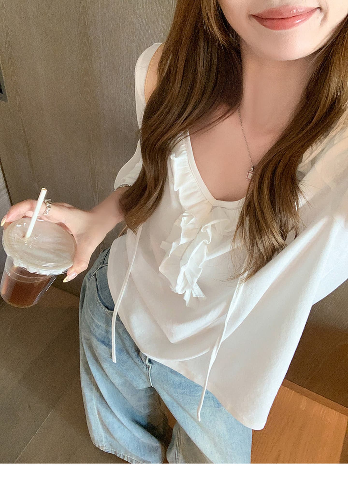 눈꽃 면 한 부서 화이트 프릴 V넥 7부 소매 티셔츠 여성 여름 루즈핏 슬림해 보이는 긍정적 인 어깨 의류 상세 이미지 8