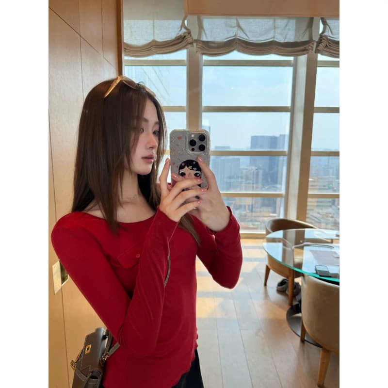 사람들 면 작은 예쁜 허리 주머니 tee 마이크로 볼륨 측면 u 칼라 몸매 가꾸기 라이 경기 서울 주간 실크 티셔츠 여성 가을 이미지 4