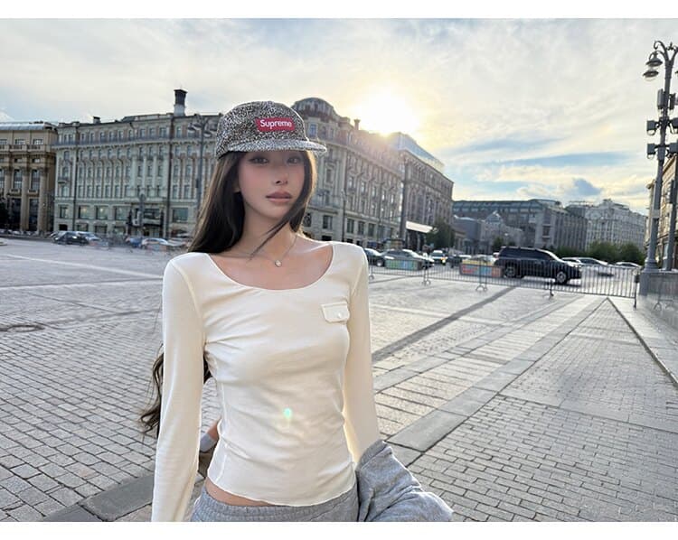 사람들 면 작은 예쁜 허리 주머니 tee 마이크로 볼륨 측면 u 칼라 몸매 가꾸기 라이 경기 서울 주간 실크 티셔츠 여성 가을 상세 이미지 4