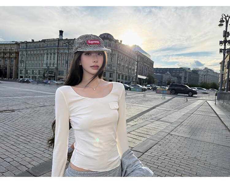 사람들 면 작은 예쁜 허리 주머니 tee 마이크로 볼륨 측면 u 칼라 몸매 가꾸기 라이 경기 서울 주간 실크 티셔츠 여성 가을 상세 이미지 12