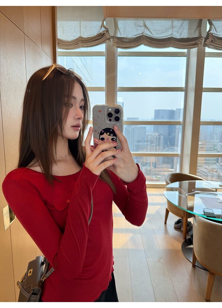 사람들 면 작은 예쁜 허리 주머니 tee 마이크로 볼륨 측면 u 칼라 몸매 가꾸기 라이 경기 서울 주간 실크 티셔츠 여성 가을 상세 이미지 13