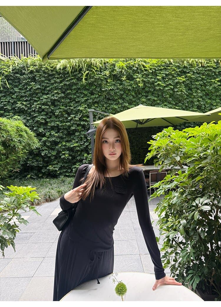 사람들 면 작은 예쁜 허리 주머니 tee 마이크로 볼륨 측면 u 칼라 몸매 가꾸기 라이 경기 서울 주간 실크 티셔츠 여성 가을 상세 이미지 17