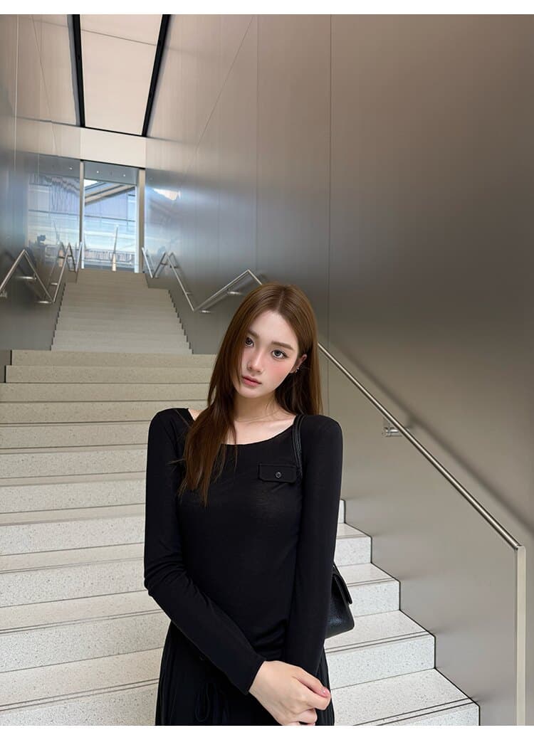 사람들 면 작은 예쁜 허리 주머니 tee 마이크로 볼륨 측면 u 칼라 몸매 가꾸기 라이 경기 서울 주간 실크 티셔츠 여성 가을 상세 이미지 18