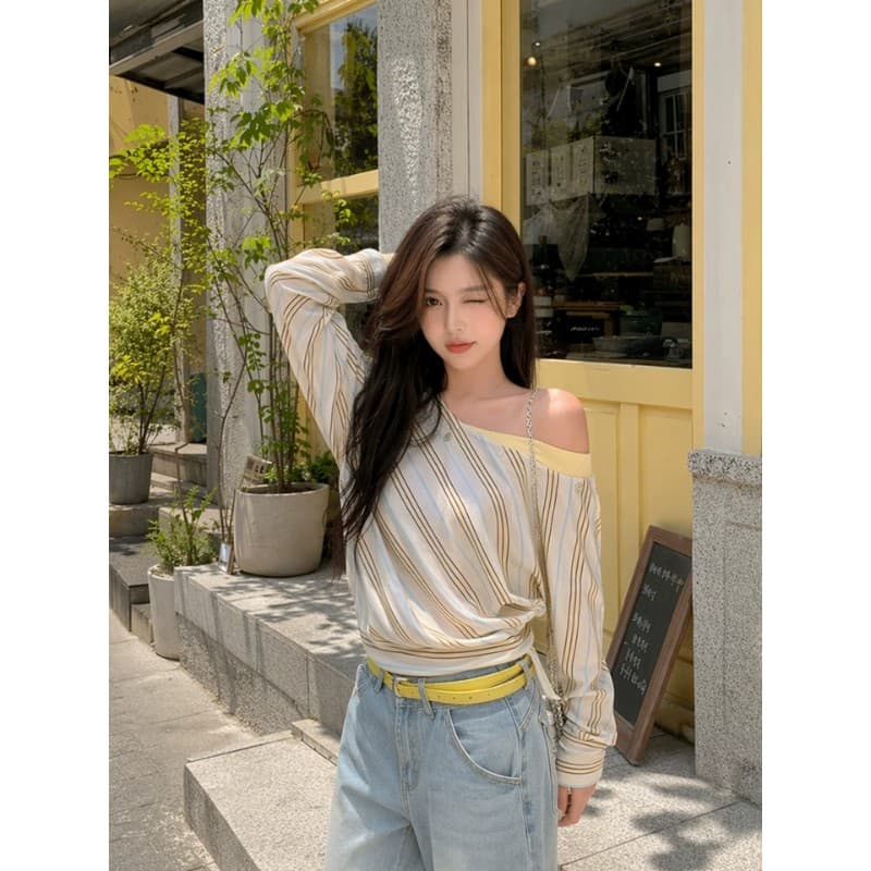 불규칙 비스듬한 어깨 스트라이프 긴팔 여성 배색 패치워크 오프숄더 루즈핏 펌프 로프 허리 수축 분위기 센스 맨위 이미지 4