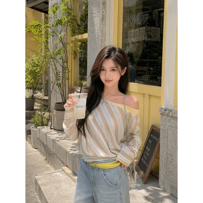 불규칙 비스듬한 어깨 스트라이프 긴팔 여성 배색 패치워크 오프숄더 루즈핏 펌프 로프 허리 수축 분위기 센스 맨위 이미지 3