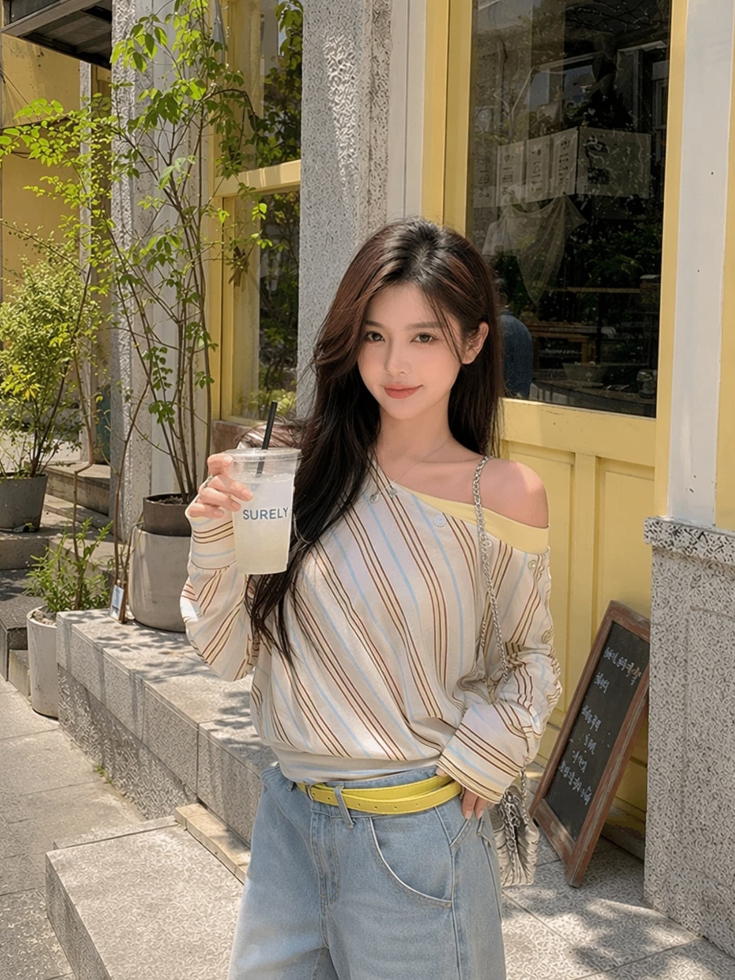 불규칙 비스듬한 어깨 스트라이프 긴팔 여성 배색 패치워크 오프숄더 루즈핏 펌프 로프 허리 수축 분위기 센스 맨위 상세 이미지 4