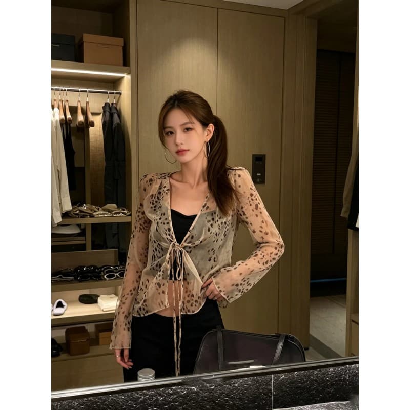 있음 가슴 패드 레오파드 무늬 V넥 긴팔 쉬폰 블라우스 나만의 것을 가져와 라. 가슴 패드 캐미솔 투피스 슈트 맨위 이미지 2