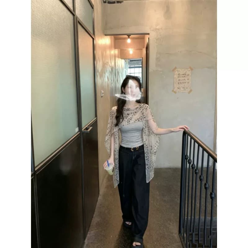 양모 면 레오파드 무늬 흔들다 칼라 쉬폰 숄 민소매 티셔츠 여성 여름 허리 수축 슬림해 보이는 페이크 레이어드 쇼트 스타일 맨위 이미지 4
