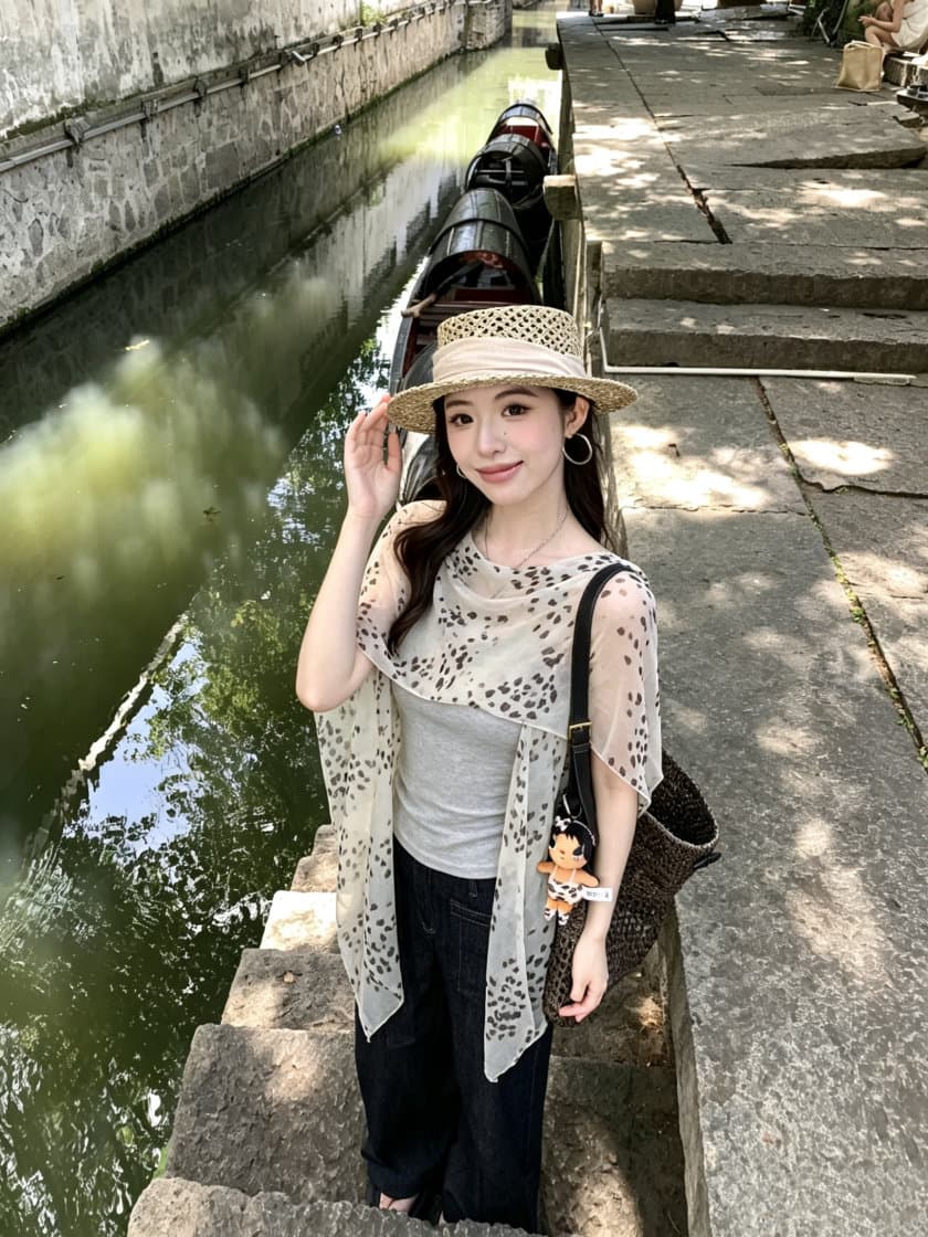 양모 면 레오파드 무늬 흔들다 칼라 쉬폰 숄 민소매 티셔츠 여성 여름 허리 수축 슬림해 보이는 페이크 레이어드 쇼트 스타일 맨위 상세 이미지 6
