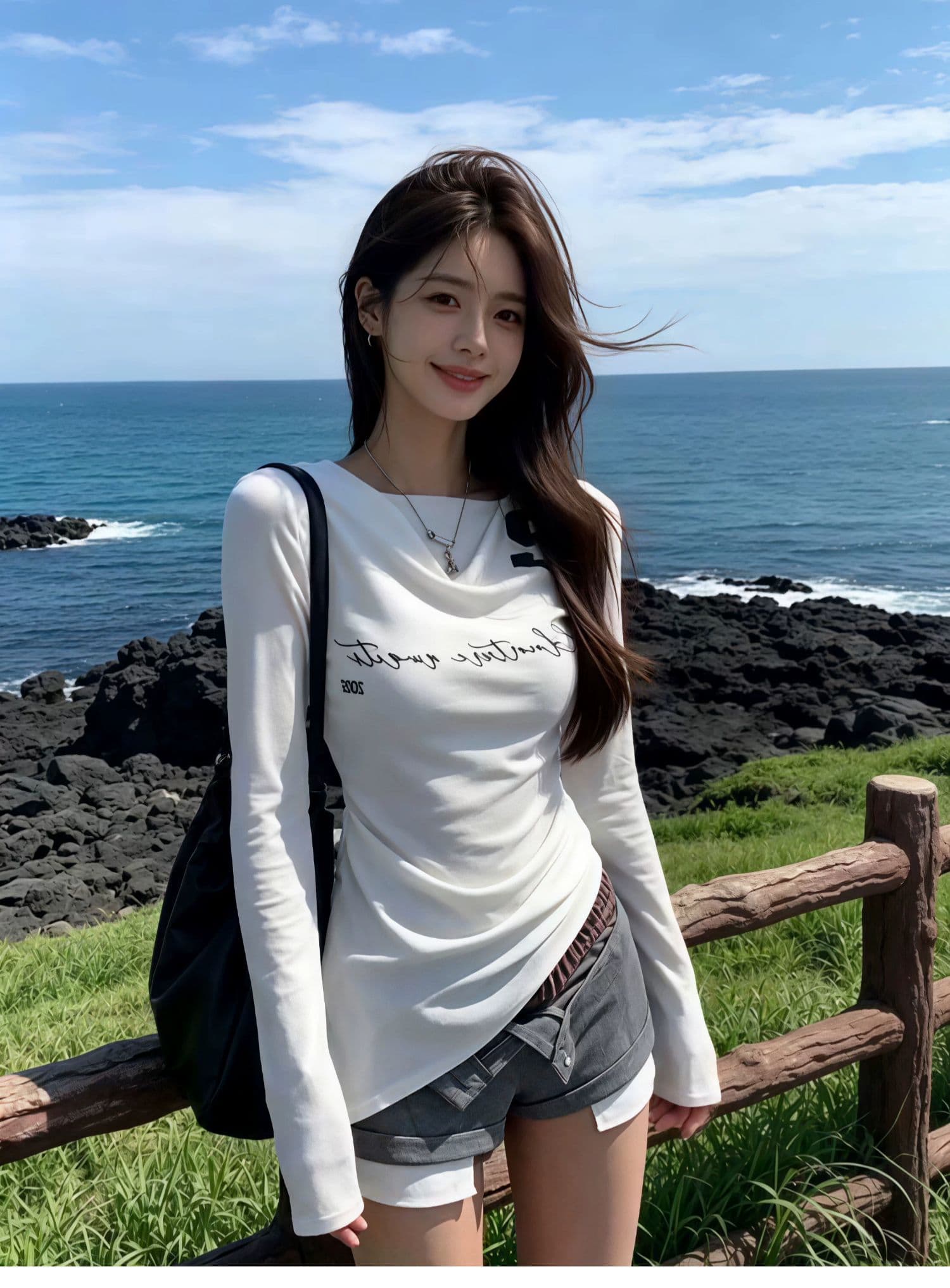 사람들 면 화이트 보트넥 긴팔 티셔츠 이른 가을 핫걸 프린트 맨위 상세 이미지 4
