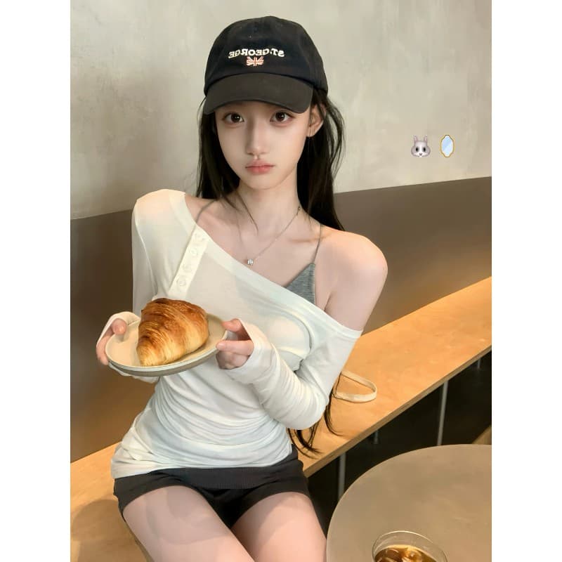 화이트 워터 여성 soft 한 여성 산소 세트 그룹 라이 경기 서울 비스듬한 어깨 티셔츠 여성 이른 가을 부드러운 맨위