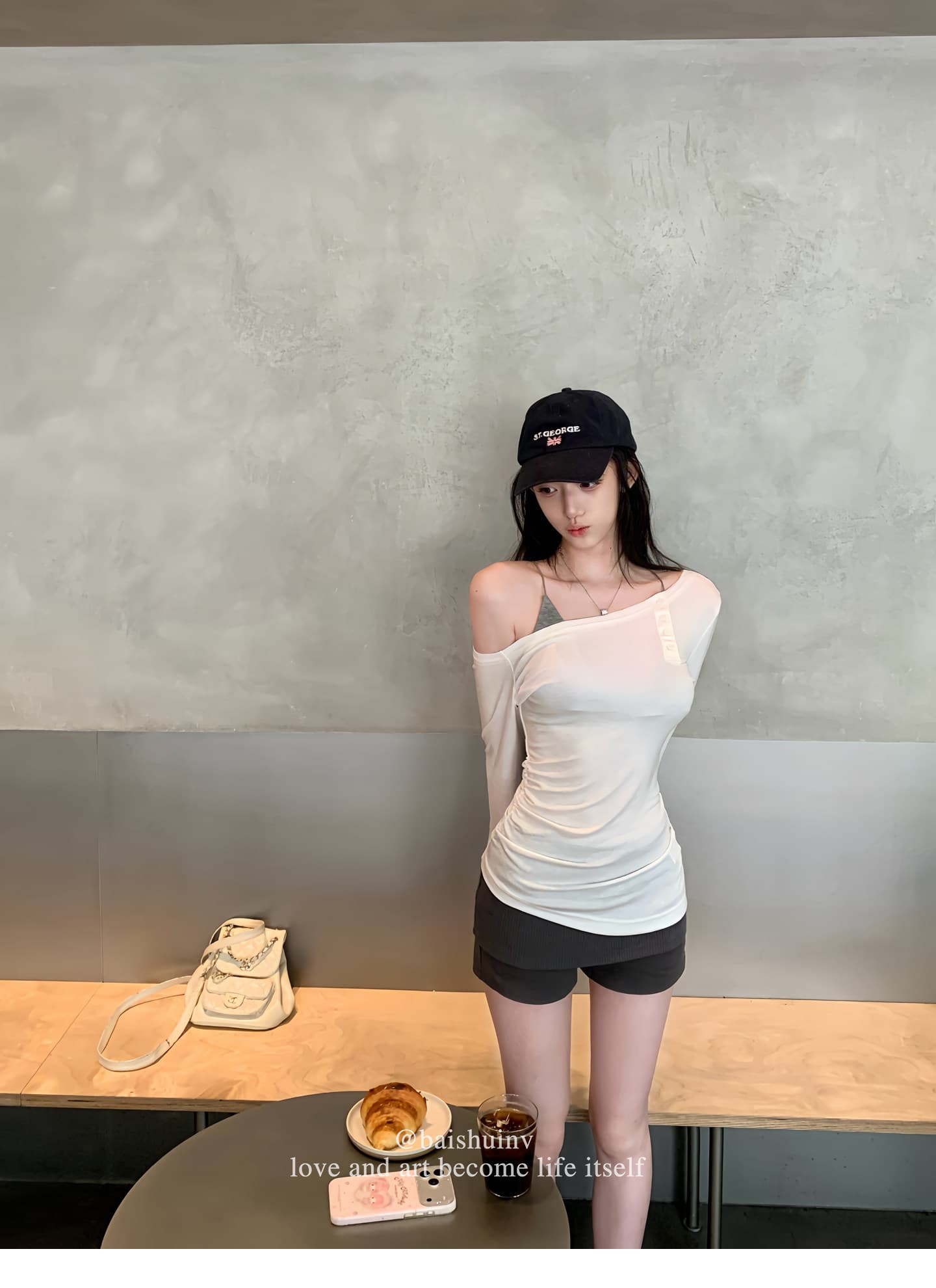 화이트 워터 여성 soft 한 여성 산소 세트 그룹 라이 경기 서울 비스듬한 어깨 티셔츠 여성 이른 가을 부드러운 맨위 상세 이미지 14