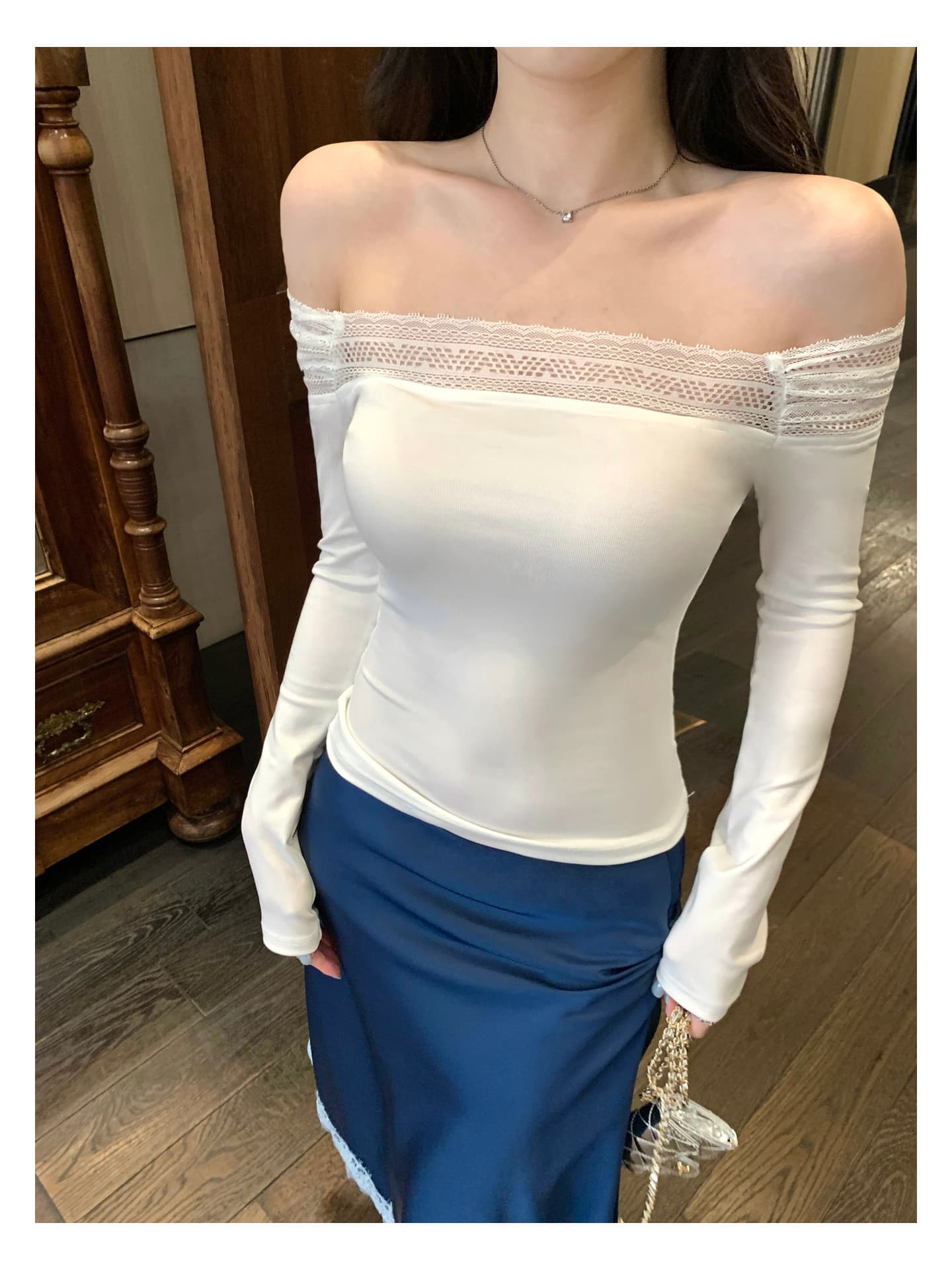 우 너무 달콤한 라이 경기 서울 오프숄더 레이스 조각 긴팔 티셔츠 여성 오프숄더 몸매 가꾸기 슬림해 보이는 품격 만나는 맨위 상세 이미지 24