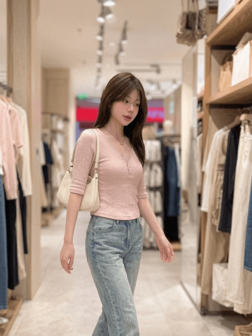 밀라노 대나무 마디 순수한 욕망 바람 V넥 단추 티셔츠 여성 얇은 스타일 몸매 가꾸기 다용도 중간 소매 부드러운 인사이드 잡아라. 의류 상세 이미지 3