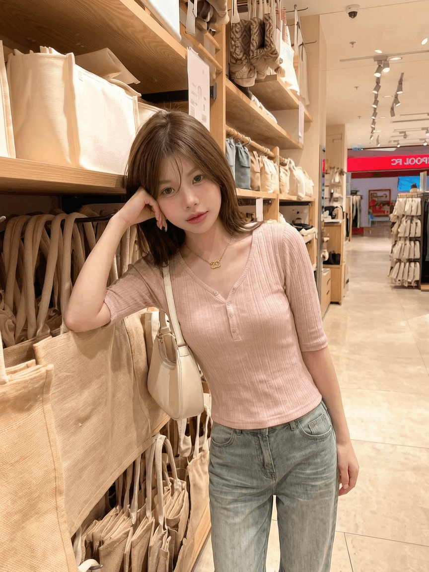 밀라노 대나무 마디 순수한 욕망 바람 V넥 단추 티셔츠 여성 얇은 스타일 몸매 가꾸기 다용도 중간 소매 부드러운 인사이드 잡아라. 의류 상세 이미지 4