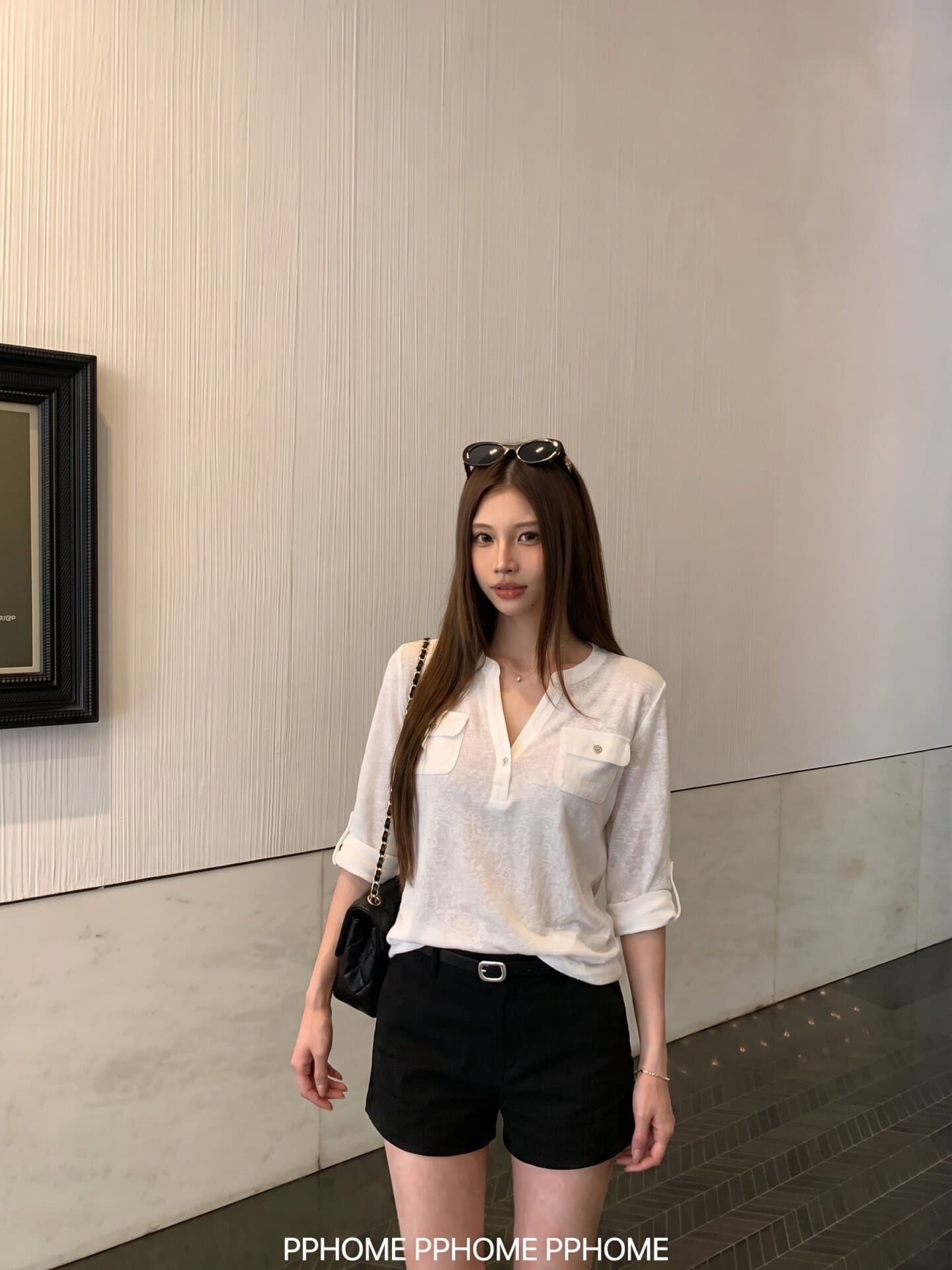 눈꽃 면 니스 오래된 일지 반 개방 칼라 주머니 중간 소매 티셔츠 여성 가을 느슨함 센스 슬림해 보이는 통기성 맨위 상세 이미지 5
