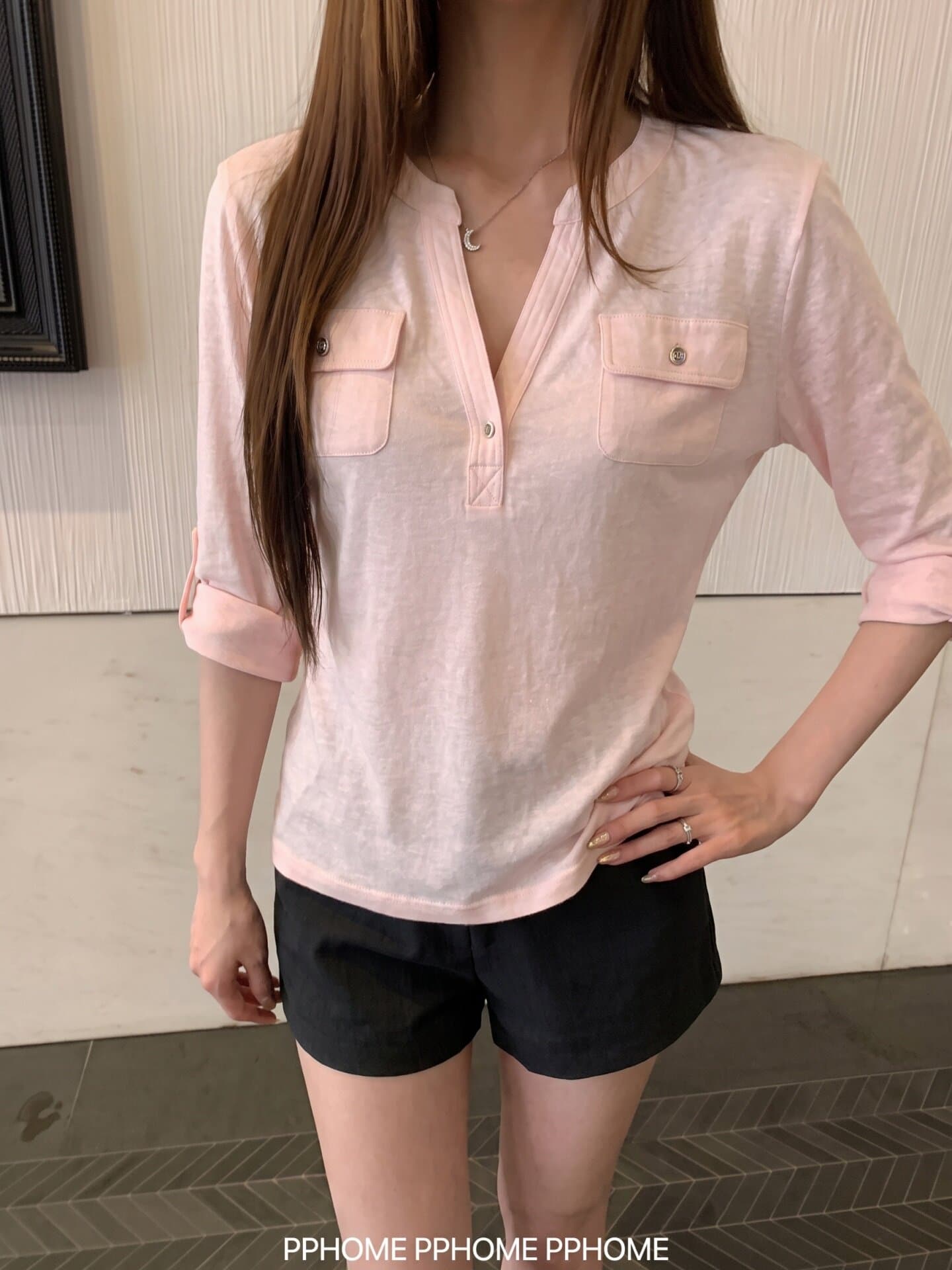 눈꽃 면 니스 오래된 일지 반 개방 칼라 주머니 중간 소매 티셔츠 여성 가을 느슨함 센스 슬림해 보이는 통기성 맨위 상세 이미지 7