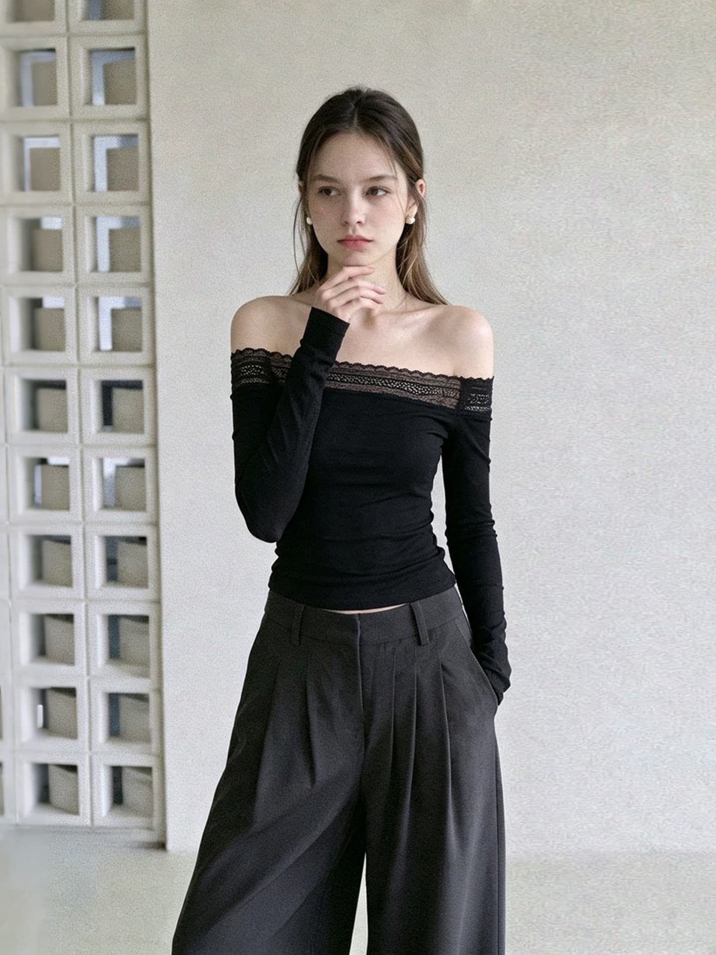 고유 한 아름다운 오프숄더 레이스 조각 긴팔 티셔츠 여성 오프숄더 몸매 가꾸기 슬림해 보이는 품격 화이트 만나는 맨위 상세 이미지 5