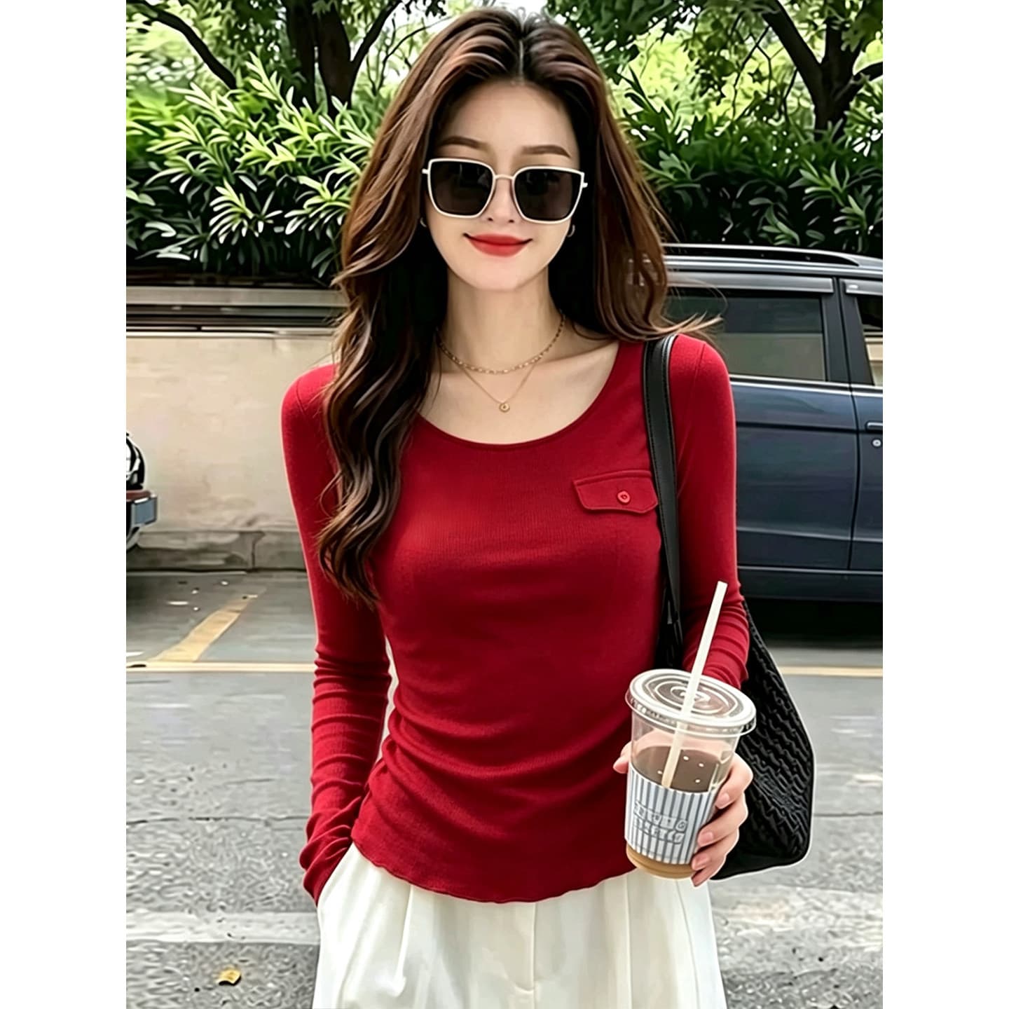 사람들 면 패션 라운드 넥 긴팔 티셔츠 기본 셔츠 여성 이른 가을 새로운 슬림해 보이는 미니멀리즘 품격 작은 맨위 상세 이미지 3