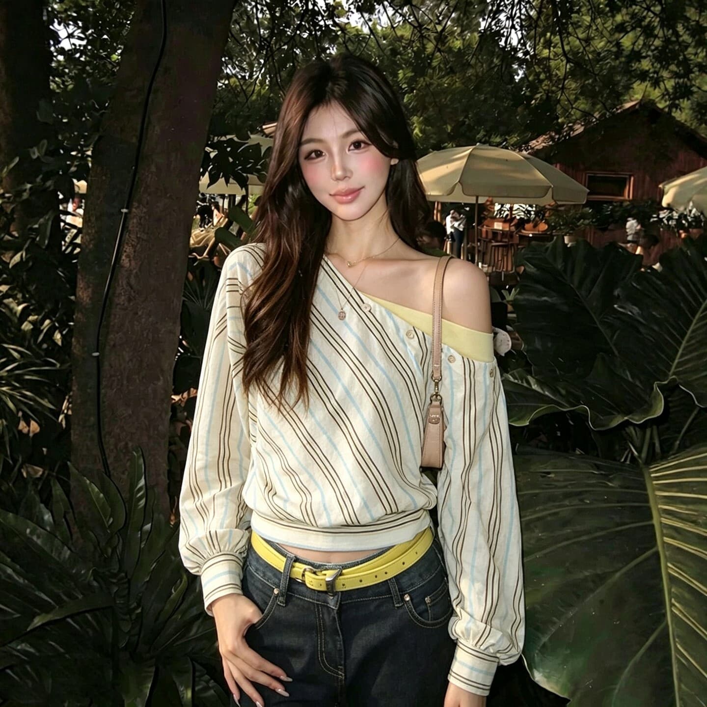 레트로 배색 스트라이프 비스듬한 어깨 긴팔 티셔츠 여성 2026 가을 새로운 페이크 레이어드 허리 수축 인사이드 가져 가라. 만나는 맨위 상세 이미지 3
