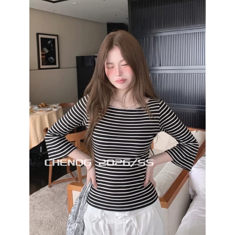 제직 기사 스트라이프 작은 스피커 중간 소매 보트 칼라 티셔츠 느긋한 바람 몸매 가꾸기 슬림해 보이는 맨위 여성 이미지 3