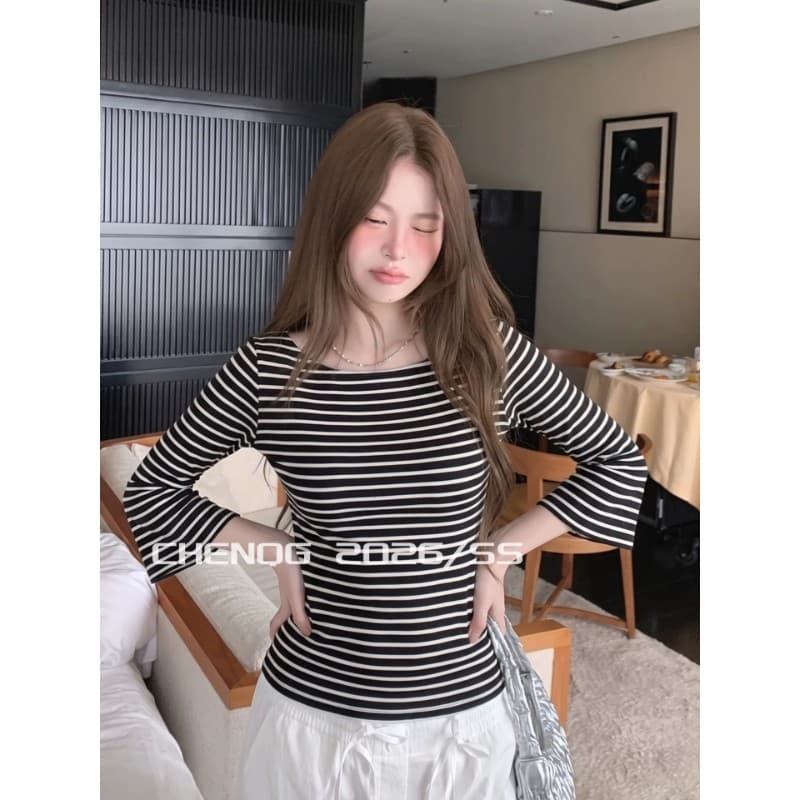 제직 기사 스트라이프 작은 스피커 중간 소매 보트 칼라 티셔츠 느긋한 바람 몸매 가꾸기 슬림해 보이는 맨위 여성 이미지 4