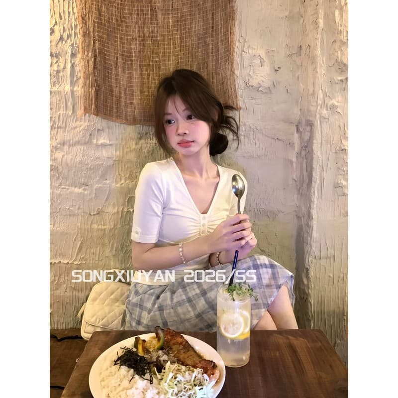 송 보여주기 妍 seniors 프랑스식 부드러운 바람 화이트 V넥 펌프 Pleat 중간 소매 티셔츠 분위기 센스 몸매 가꾸기 반팔 맨위 이미지 2