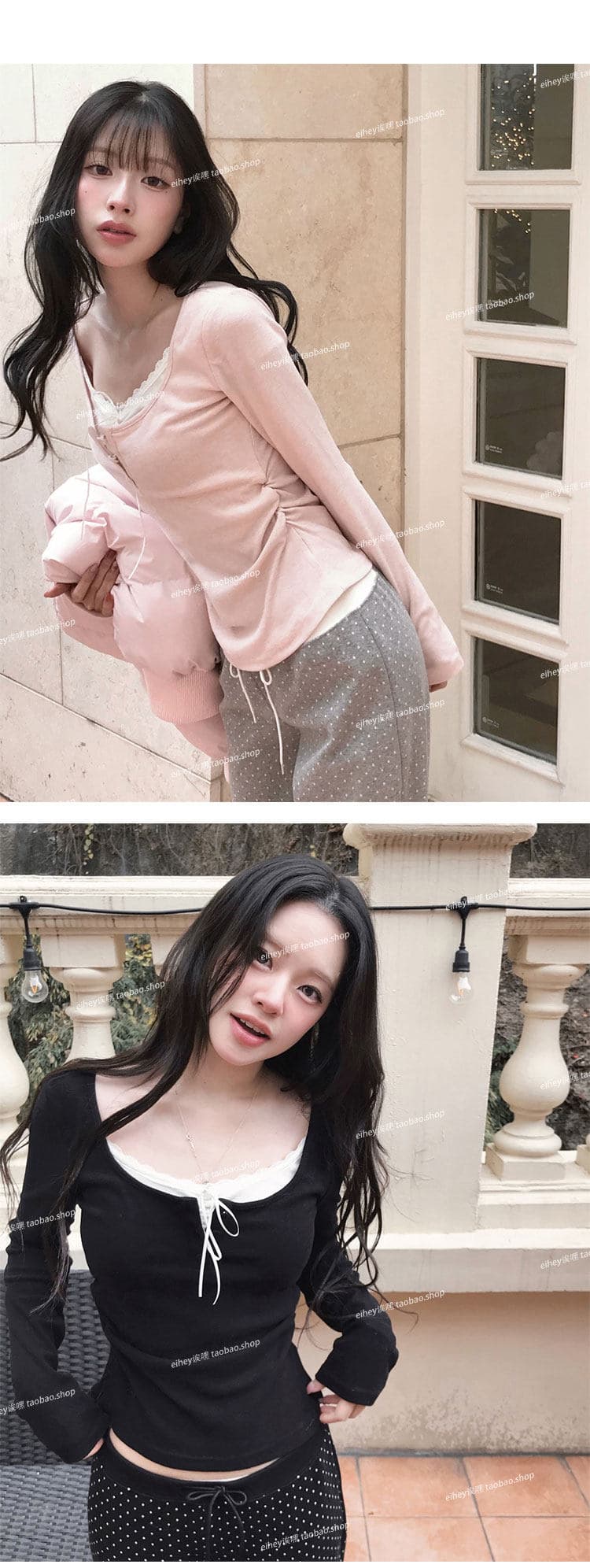사람들 면 부드러운 순수한 욕망 바람 페이크 레이어드 슬림해 보이는 다용도 레이스 측면 길이 소매 티셔츠 맨위 여성 상세 이미지 2
