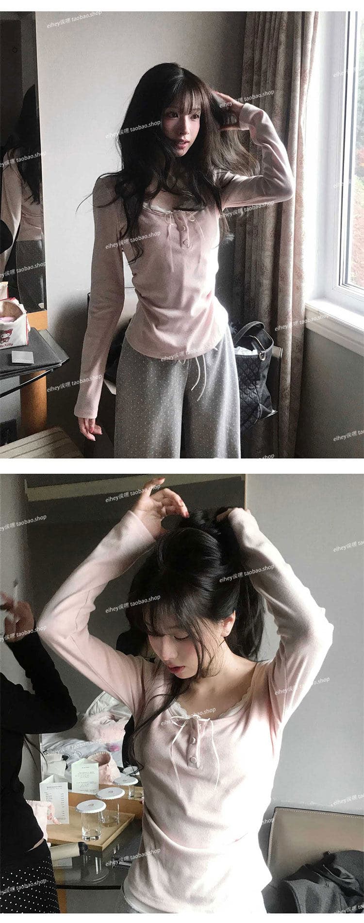사람들 면 부드러운 순수한 욕망 바람 페이크 레이어드 슬림해 보이는 다용도 레이스 측면 길이 소매 티셔츠 맨위 여성 상세 이미지 13