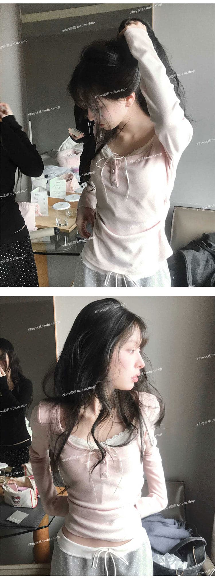 사람들 면 부드러운 순수한 욕망 바람 페이크 레이어드 슬림해 보이는 다용도 레이스 측면 길이 소매 티셔츠 맨위 여성 상세 이미지 14