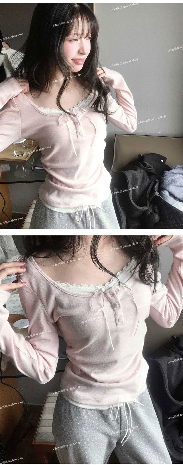 사람들 면 부드러운 순수한 욕망 바람 페이크 레이어드 슬림해 보이는 다용도 레이스 측면 길이 소매 티셔츠 맨위 여성 상세 이미지 15