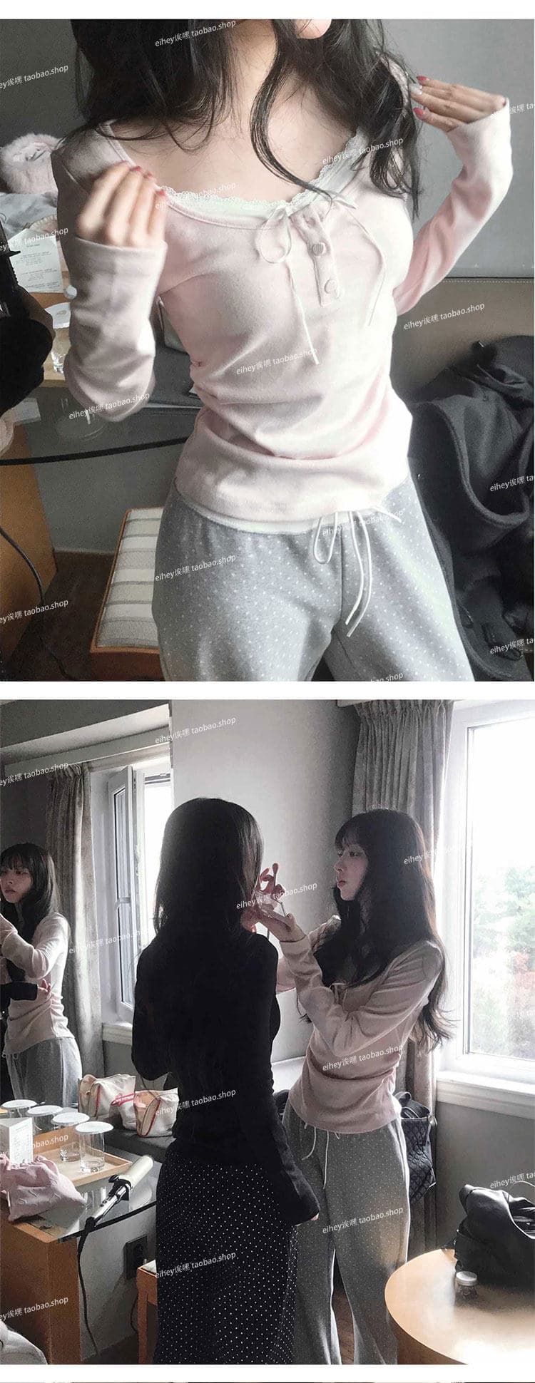 사람들 면 부드러운 순수한 욕망 바람 페이크 레이어드 슬림해 보이는 다용도 레이스 측면 길이 소매 티셔츠 맨위 여성 상세 이미지 17