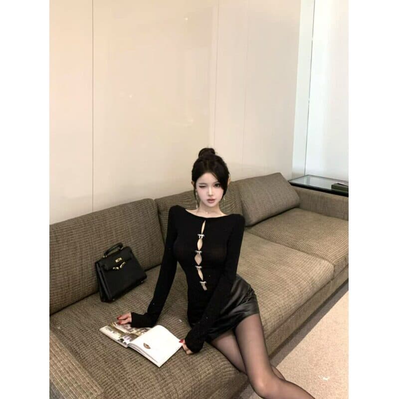 원본 핫픽스 양면 착용 나비 매듭 홀로우 아웃 라운드 넥 긴팔 티셔츠 여성 가을 몸매 가꾸기 검정색 만나는 맨위 상세 이미지 4