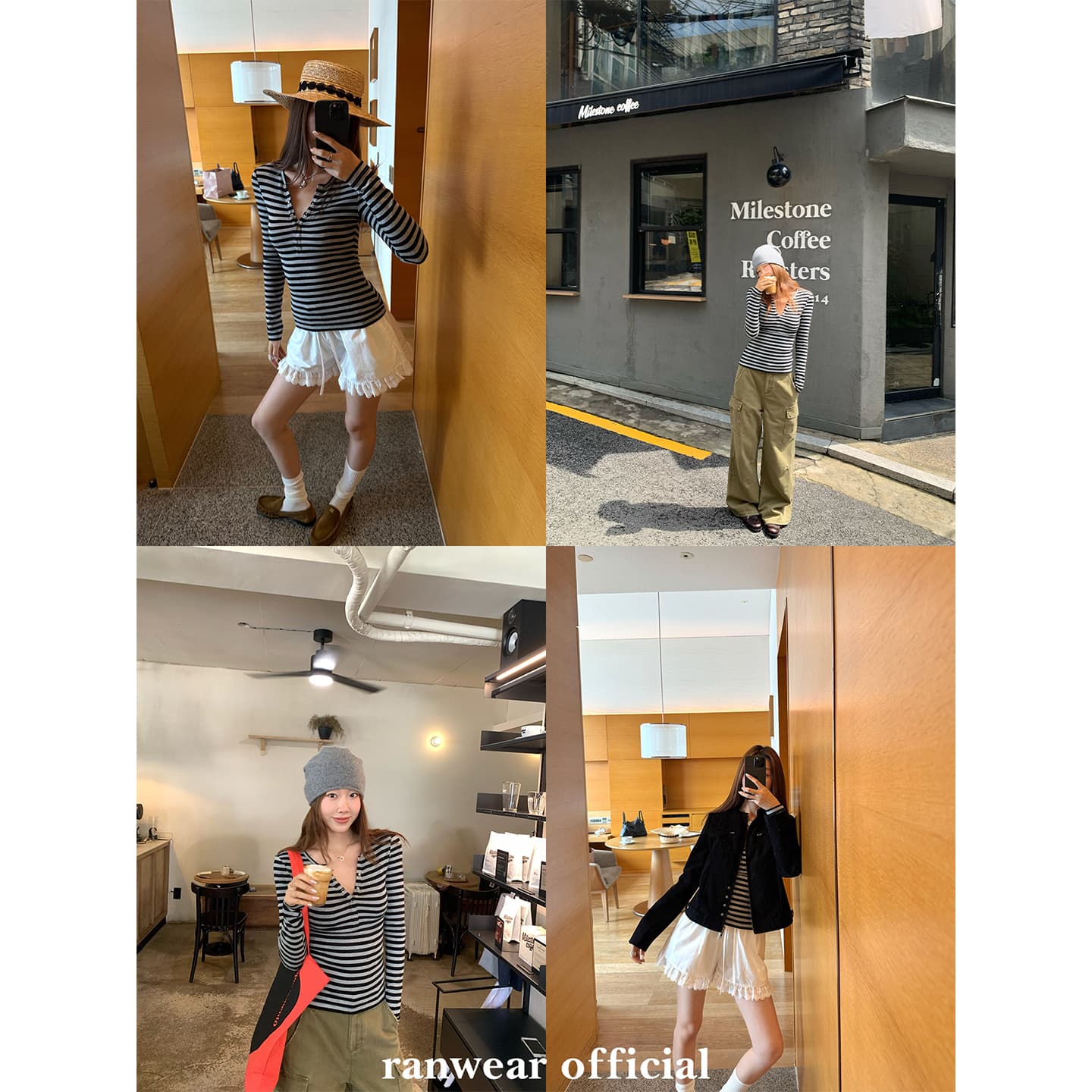 컬러 코튼 컬러 짜임 기사 작은 대중 다용도 헨리 기본 셔츠 배색 스트라이프 몸매 가꾸기 니트 티셔츠 여성 이미지 3