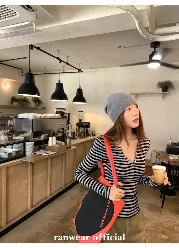 컬러 코튼 컬러 짜임 기사 작은 대중 다용도 헨리 기본 셔츠 배색 스트라이프 몸매 가꾸기 니트 티셔츠 여성 상세 이미지 4