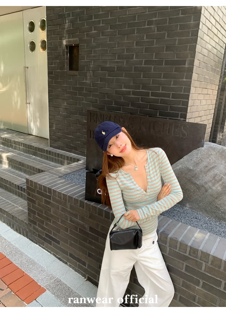 컬러 코튼 컬러 짜임 기사 작은 대중 다용도 헨리 기본 셔츠 배색 스트라이프 몸매 가꾸기 니트 티셔츠 여성 상세 이미지 10