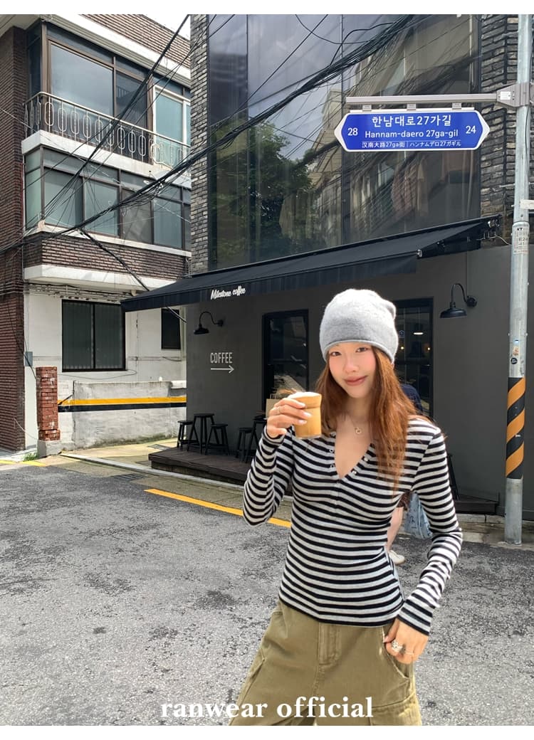컬러 코튼 컬러 짜임 기사 작은 대중 다용도 헨리 기본 셔츠 배색 스트라이프 몸매 가꾸기 니트 티셔츠 여성 상세 이미지 22