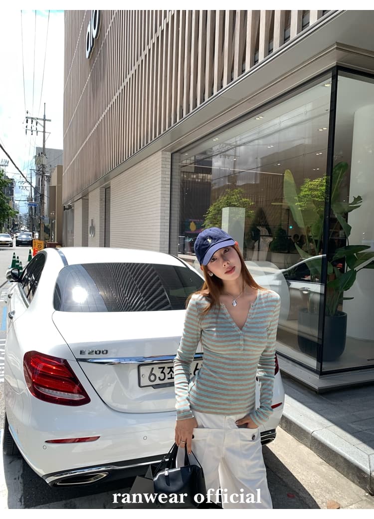 컬러 코튼 컬러 짜임 기사 작은 대중 다용도 헨리 기본 셔츠 배색 스트라이프 몸매 가꾸기 니트 티셔츠 여성 상세 이미지 28