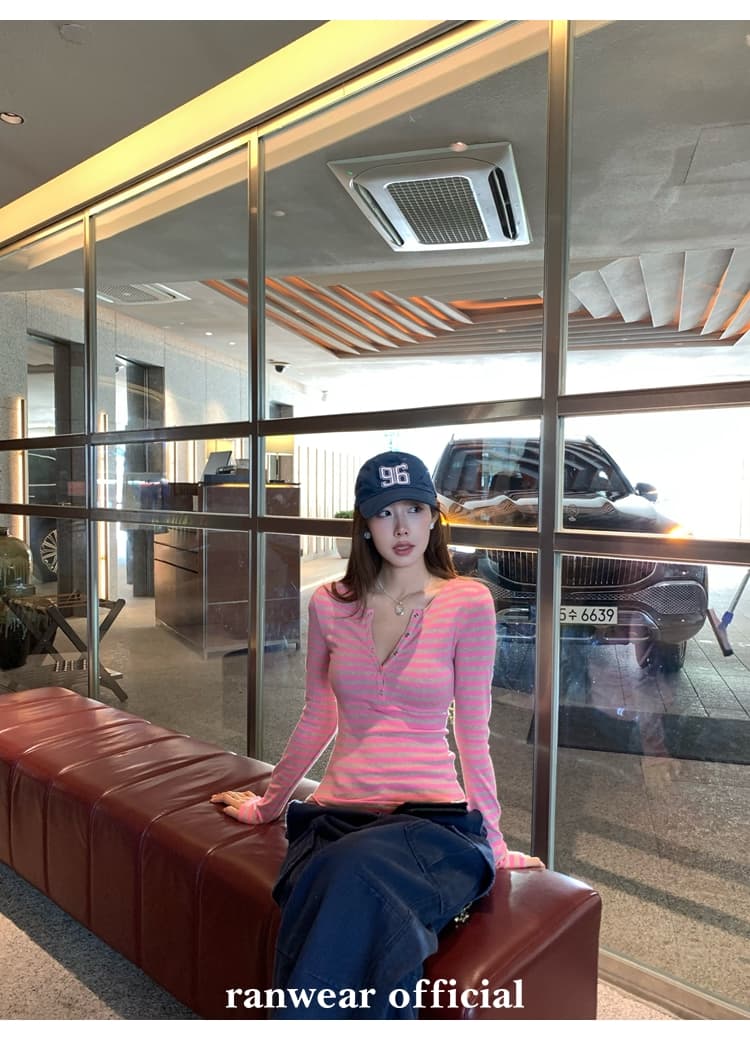 컬러 코튼 컬러 짜임 기사 작은 대중 다용도 헨리 기본 셔츠 배색 스트라이프 몸매 가꾸기 니트 티셔츠 여성 상세 이미지 34