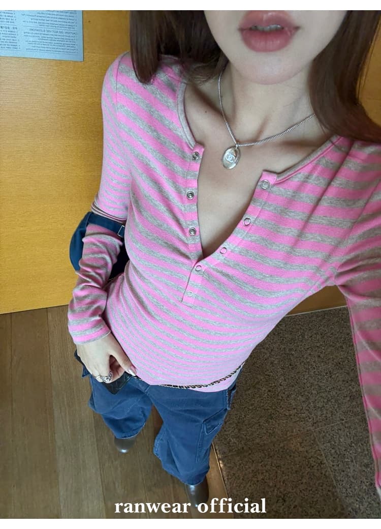 컬러 코튼 컬러 짜임 기사 작은 대중 다용도 헨리 기본 셔츠 배색 스트라이프 몸매 가꾸기 니트 티셔츠 여성 상세 이미지 35