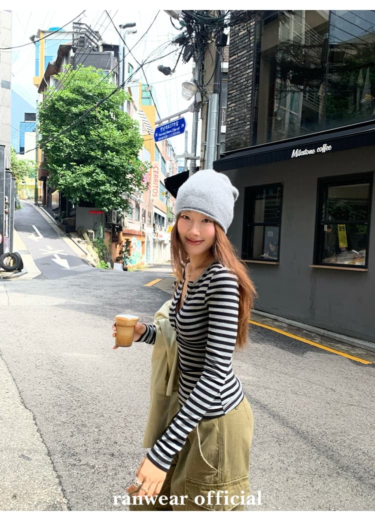 컬러 코튼 컬러 짜임 기사 작은 대중 다용도 헨리 기본 셔츠 배색 스트라이프 몸매 가꾸기 니트 티셔츠 여성 상세 이미지 39
