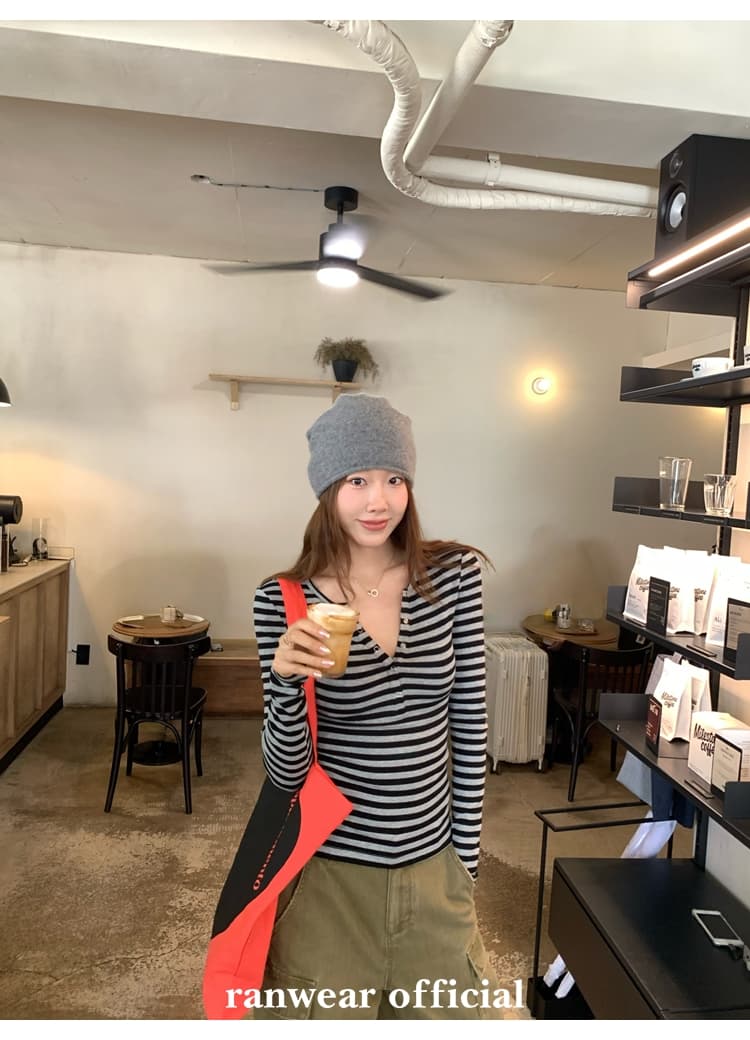 컬러 코튼 컬러 짜임 기사 작은 대중 다용도 헨리 기본 셔츠 배색 스트라이프 몸매 가꾸기 니트 티셔츠 여성 상세 이미지 41