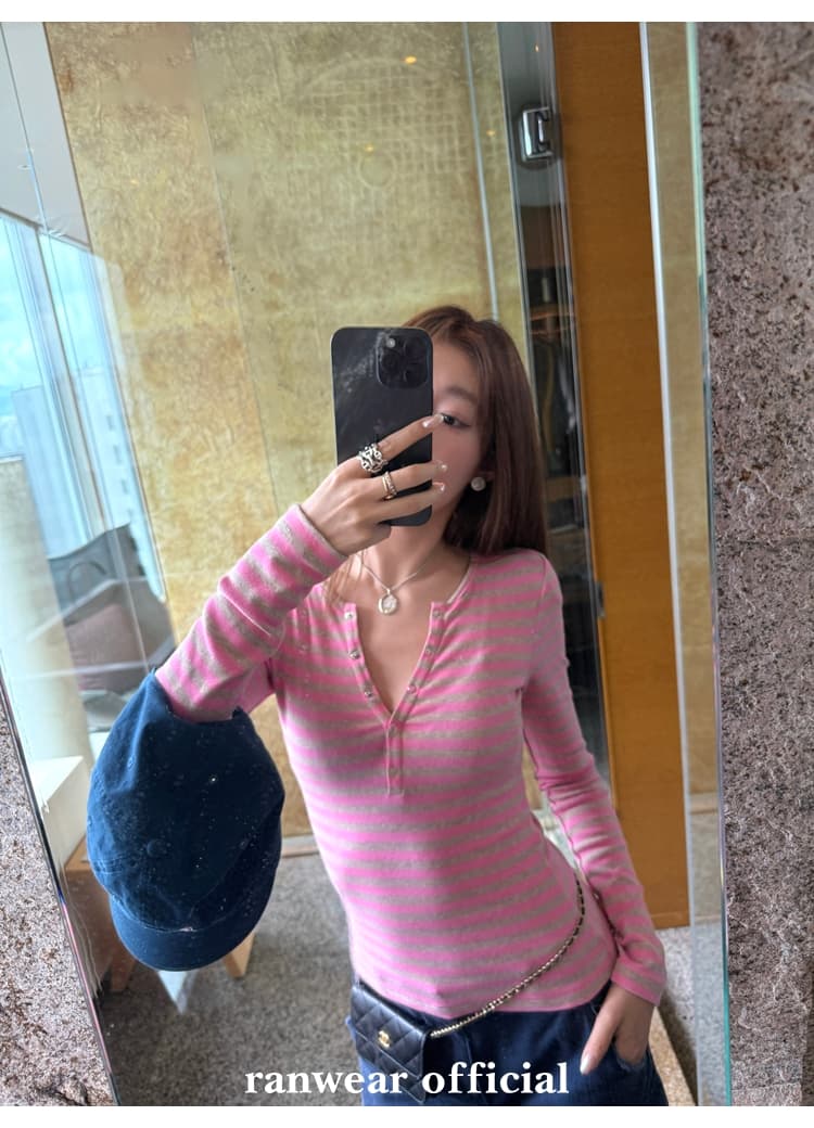 컬러 코튼 컬러 짜임 기사 작은 대중 다용도 헨리 기본 셔츠 배색 스트라이프 몸매 가꾸기 니트 티셔츠 여성 상세 이미지 43