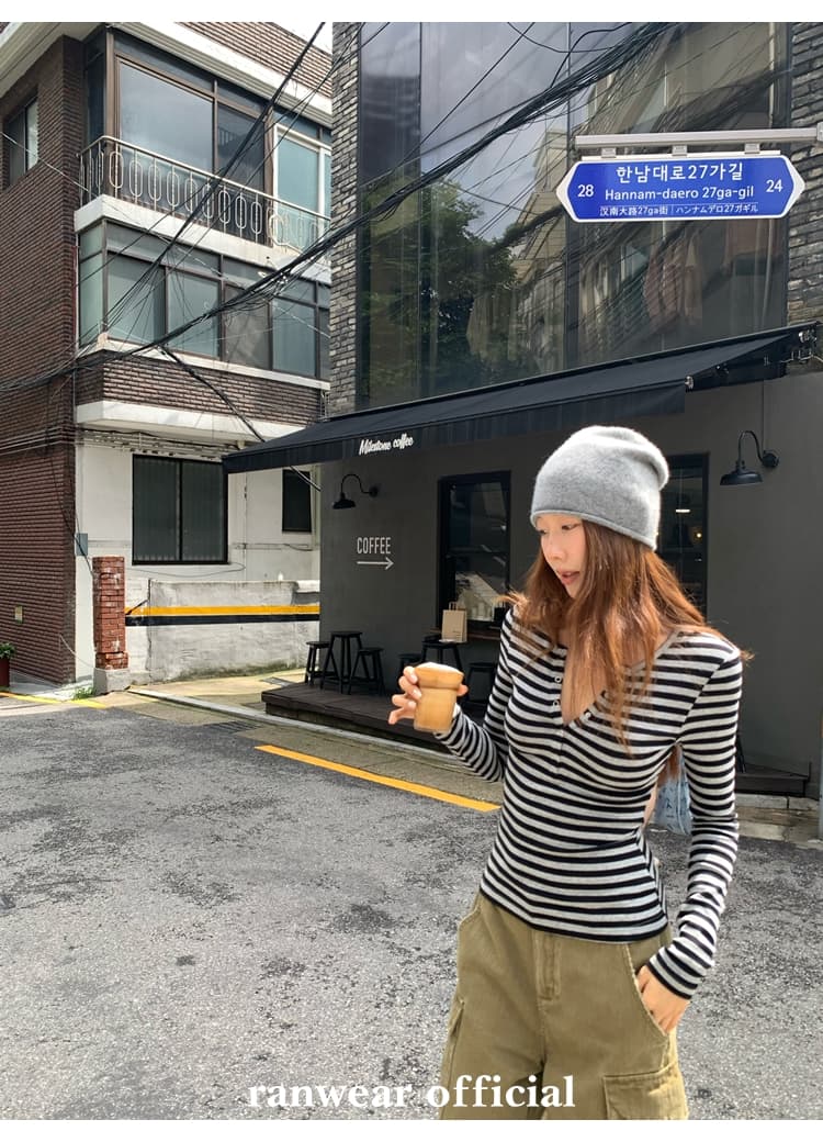 컬러 코튼 컬러 짜임 기사 작은 대중 다용도 헨리 기본 셔츠 배색 스트라이프 몸매 가꾸기 니트 티셔츠 여성 상세 이미지 48