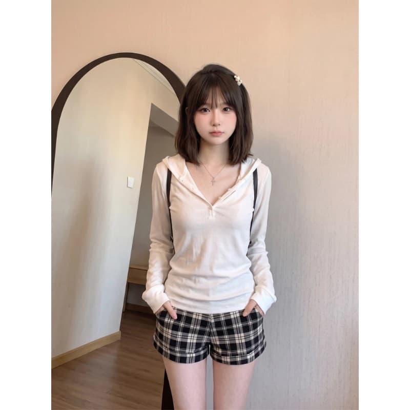 기초 다용도 후드 긴팔 티셔츠 여성 이른 가을 새로운 한국 스타일 미니멀리즘 바람 캐주얼 허리 수축 슬림해 보이는 품격 맨위 이미지 2