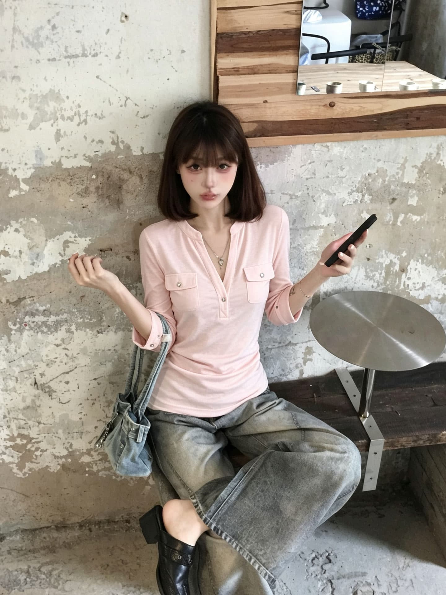 눈꽃 면 핑크색 V넥 긍정적 인 어깨 중간 소매 티셔츠 여성 이른 가을 새로운 더블 주머니 몸매 가꾸기 슬림해 보이는 핫걸 맨위 상세 이미지 6