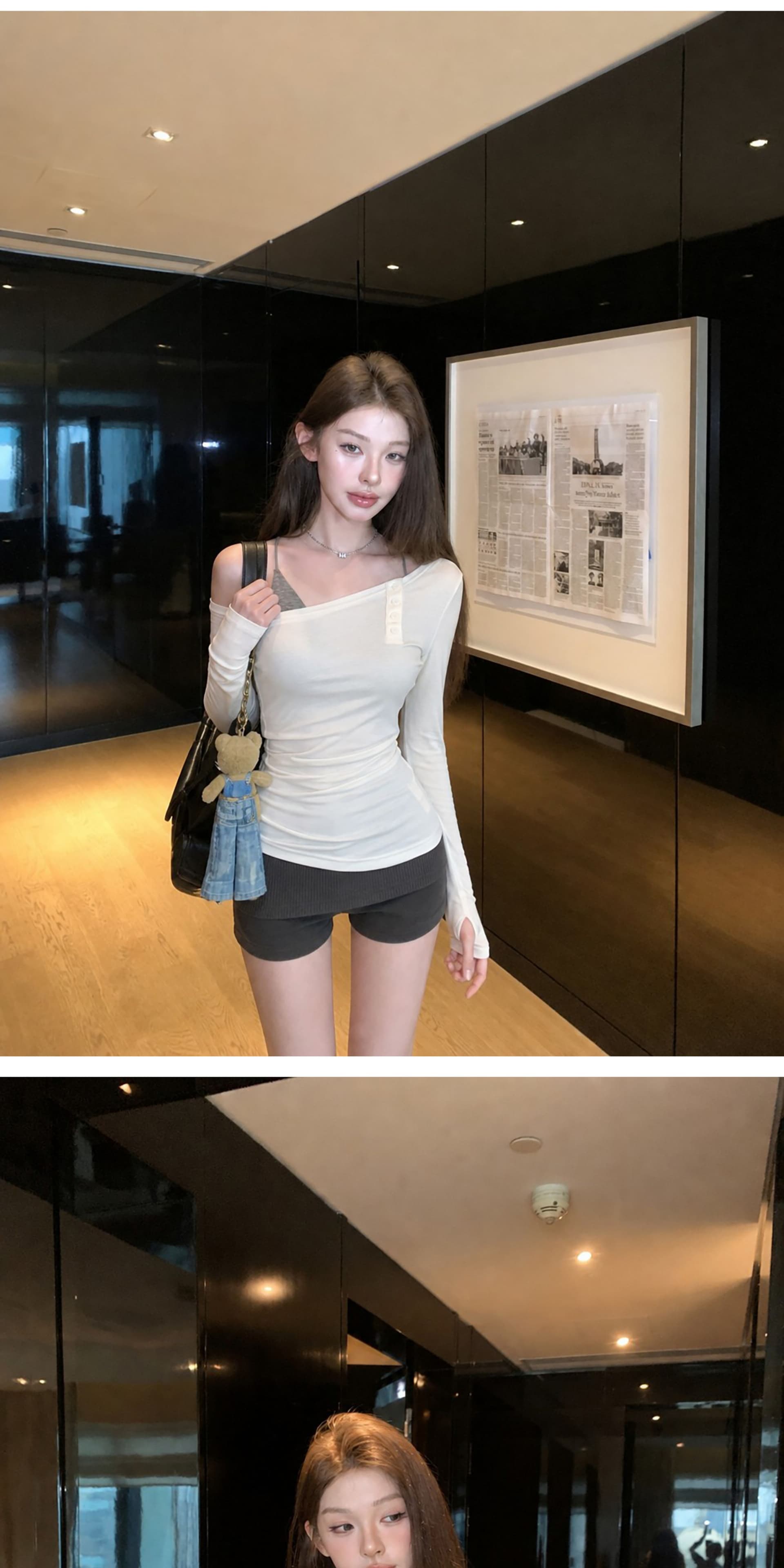 저녁 식사 전복 화이트 비스듬한 어깨 긴팔 티셔츠 여성 조기 가을 몸매 가꾸기 슬림해 보이는 오프숄더 맨위 상세 이미지 5