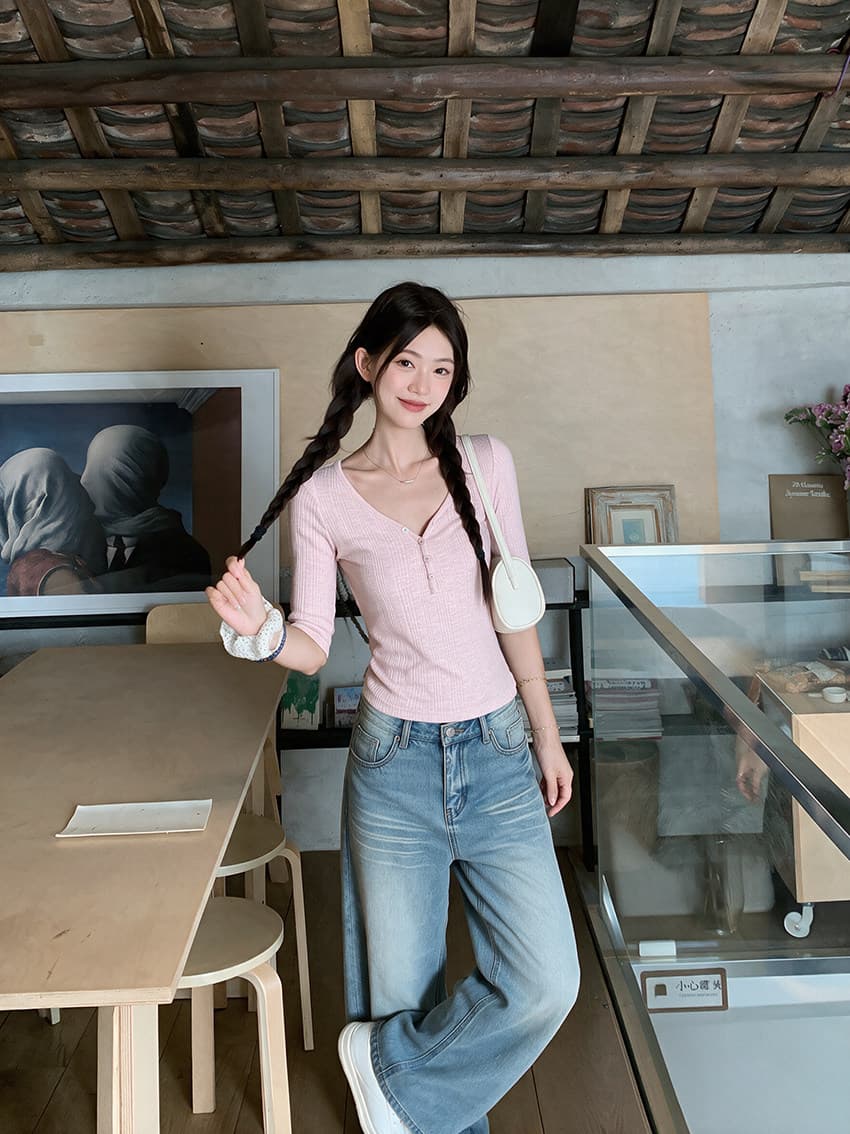 밀라노 대나무 마디 청 순수한 시스템 느슨함 센스 핑크색 중간 소매 티셔츠 여성 가을 연령 감소 몸매 가꾸기 디자인 센스 맨위 상세 이미지 4